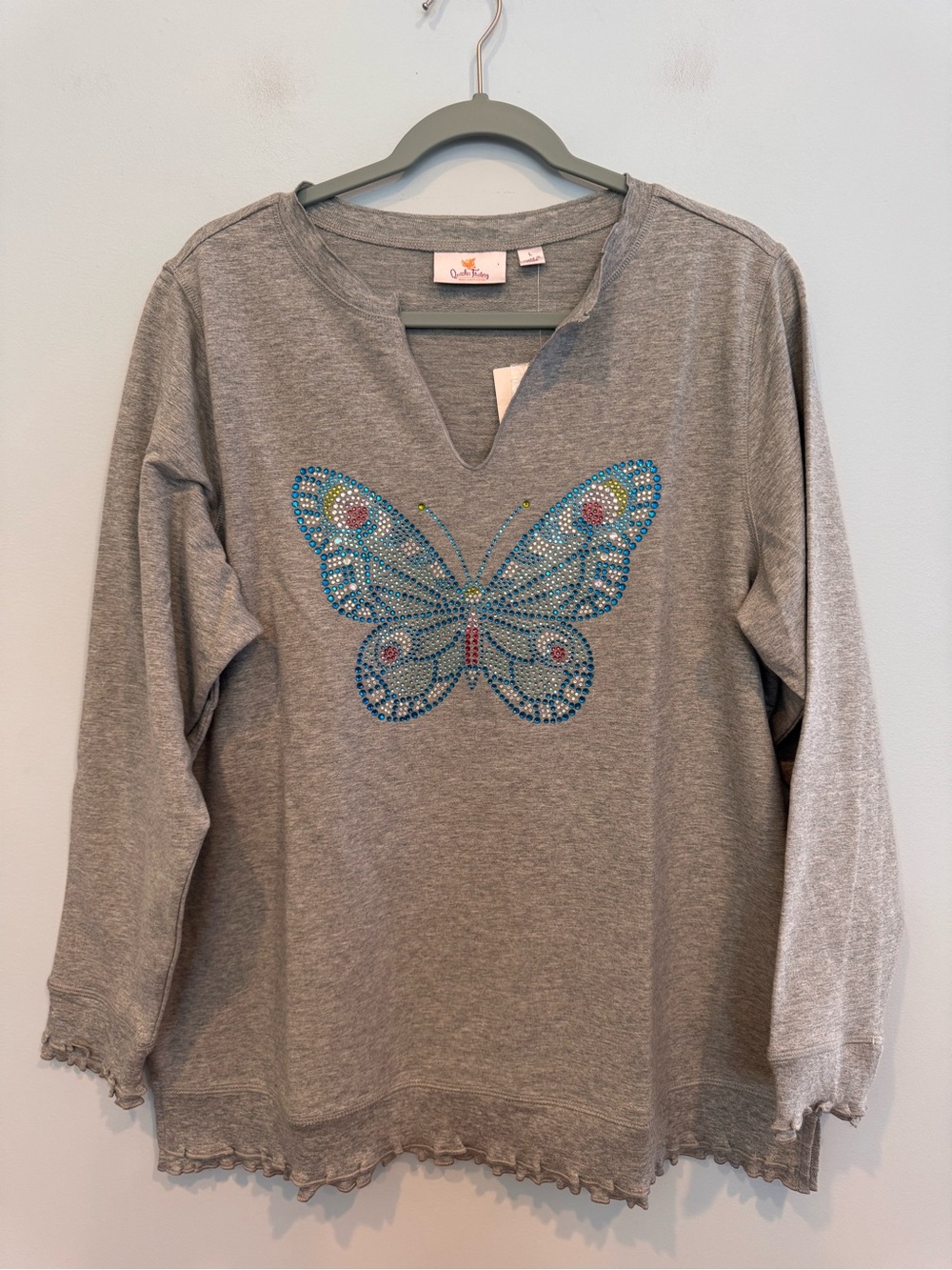 NWT Quacker Factory Gray Rhinestone Butterfly Sweatshirt Split V-Neck Large